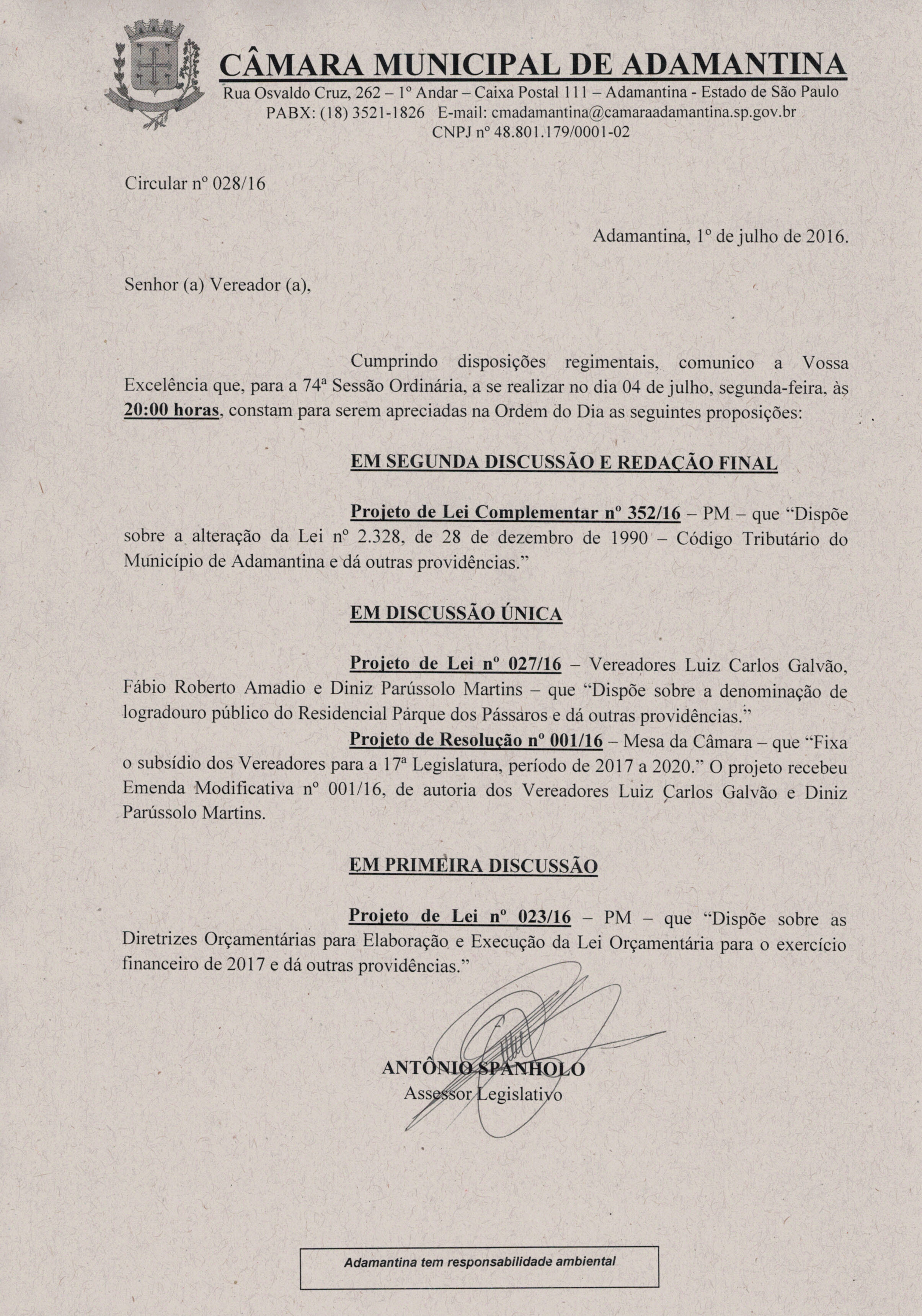 74ª Sessão Ordinária