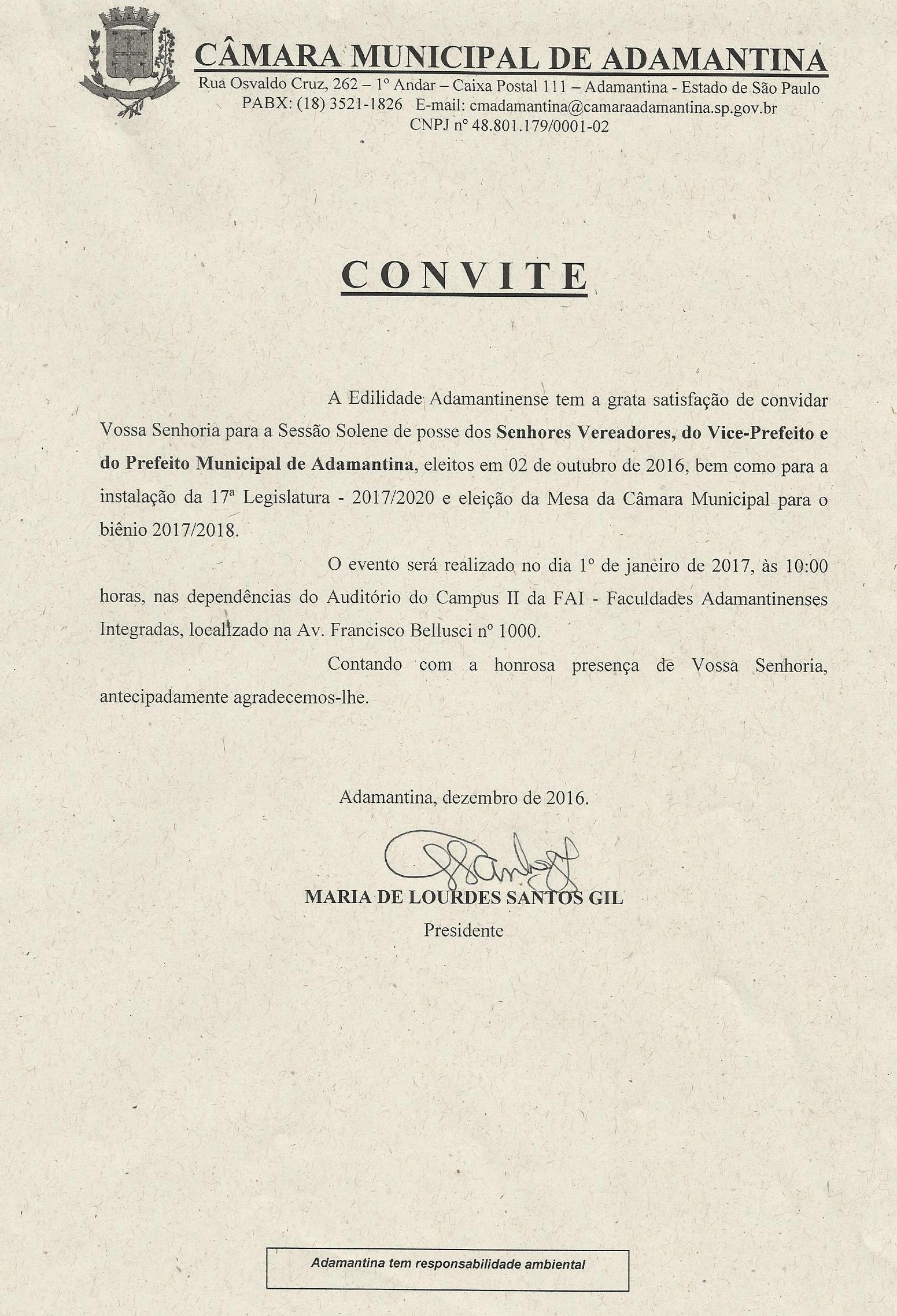 Sessão de Posse - Prefeito, Vice-prefeito e Vereadores